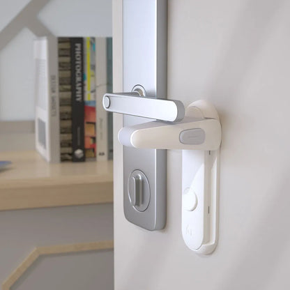 Gray baby safety door lever locks (2-pack) for toddler childproofing, adhesive installation