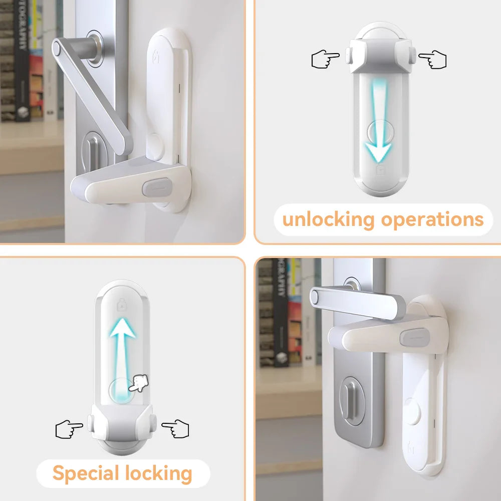 Two grey child safety door lever locks for toddlers, home security and baby proofing solution