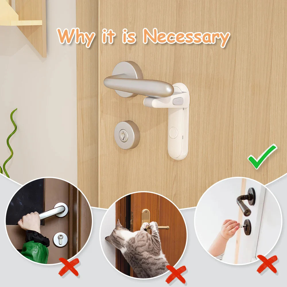 Adhesive baby door lever locks, gray, for child safety and home security, 2-pack