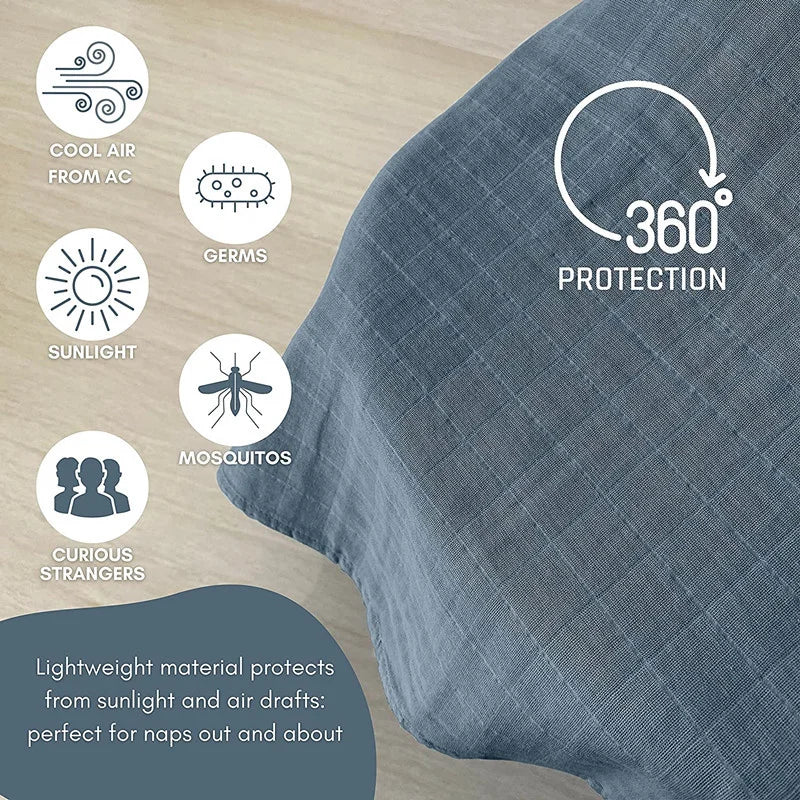 Detail of elastic and tie mechanism on a gray baby stroller sun shade cover for secure attachment.