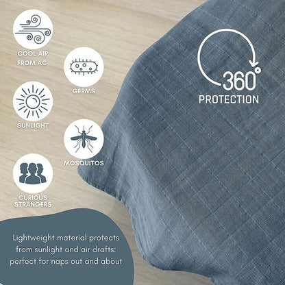 Detail of elastic and tie mechanism on a gray baby stroller sun shade cover for secure attachment.