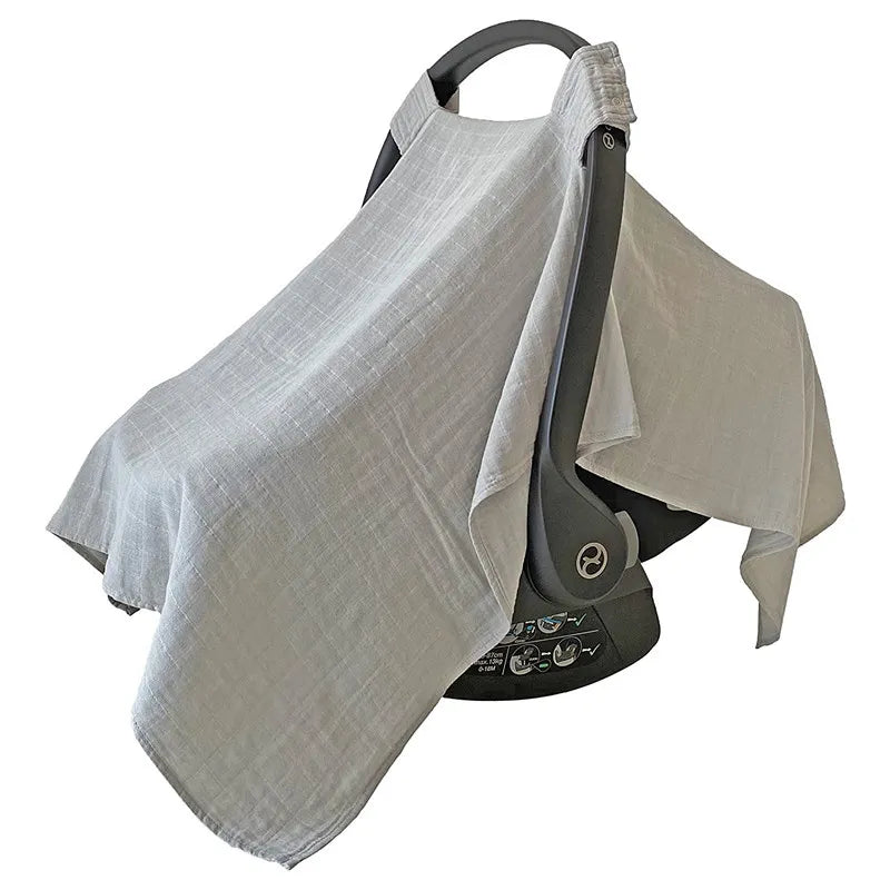 Brown universal car seat and stroller sun shade cover for baby protection, breathable fabric.