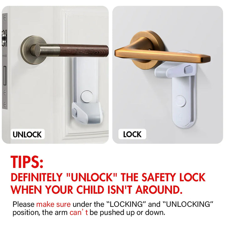 Childproof door lever lock for home security, shown on a door handle to prevent opening