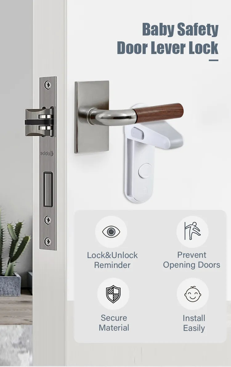 Close-up of a gray childproof door lock, highlighting its easy-to-use design for adults