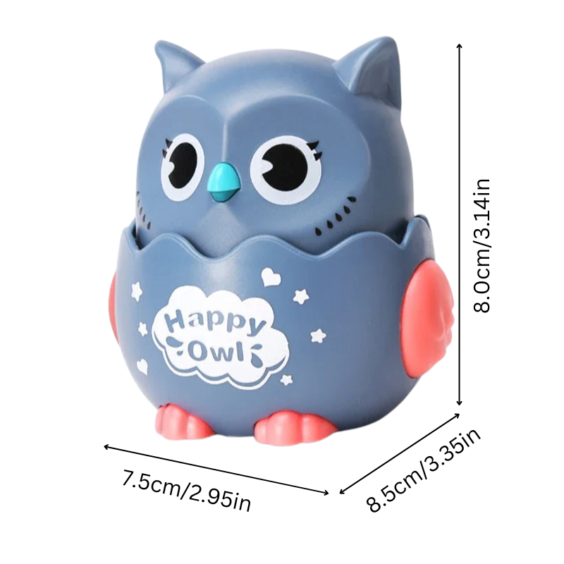 Colorful Wobble Hoot wind-up owl toy with gray, blue, and yellow details, perfect for kids.