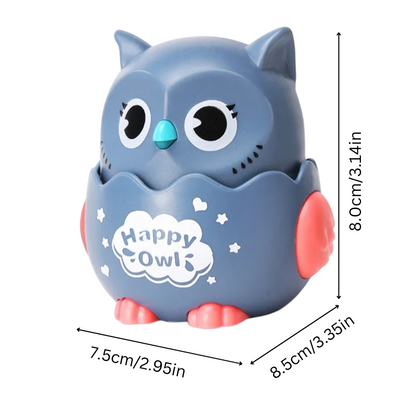 Colorful Wobble Hoot wind-up owl toy with gray, blue, and yellow details, perfect for kids.