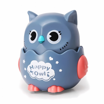 Close-up of a blue and gray Wobble Hoot wind-up owl toy, an engaging educational toddler toy.