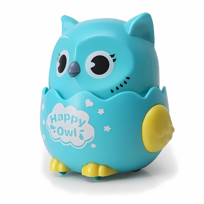 Pink and gray Wobble Hoot wind-up owl toy, an active play item and baby gift for motor skills.