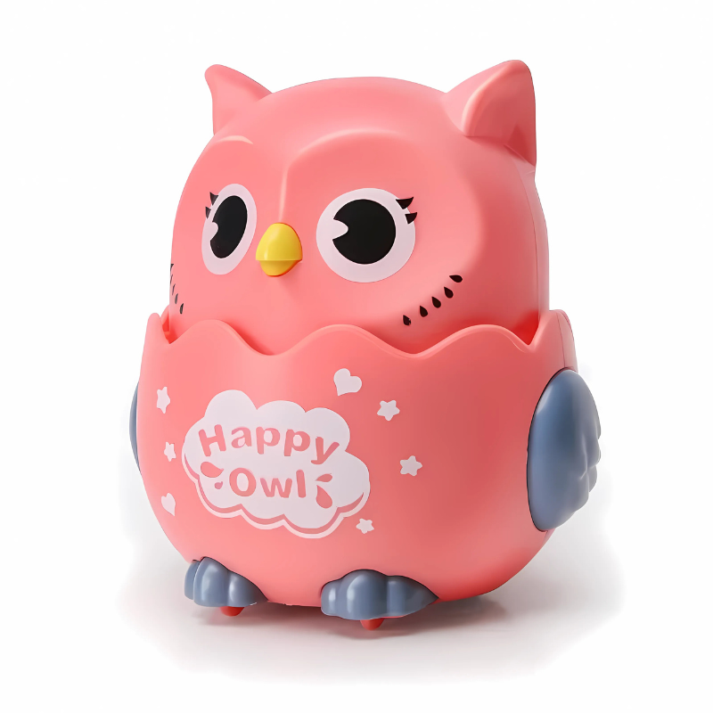 Fun gray wind-up owl toy, Wobble Hoot, promoting active play and motor skills for young children.