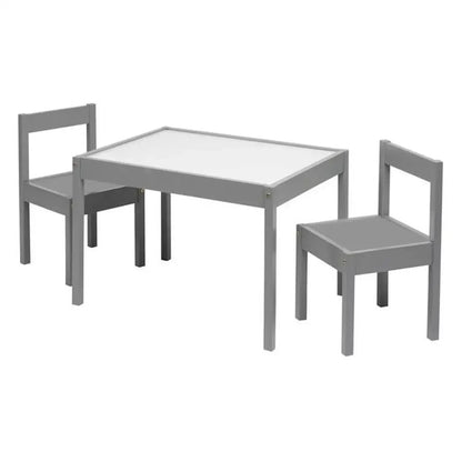 Gray rubberwood kids table and two chairs set, perfect for toddler activities and playroom, ages 1-5.
