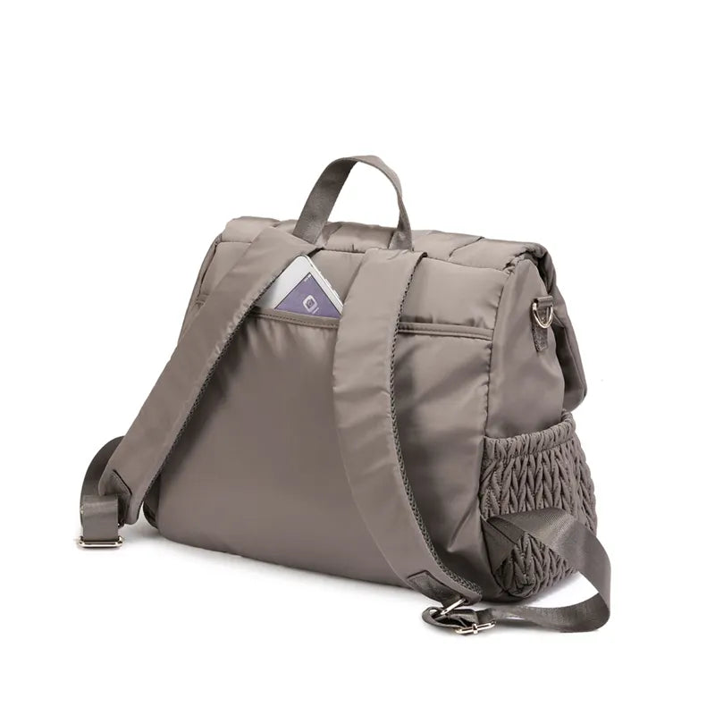 Waterproof gray backpack with secure zippers and easy-access pockets, parenting essential