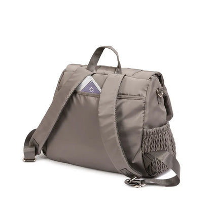 Waterproof gray backpack with secure zippers and easy-access pockets, parenting essential