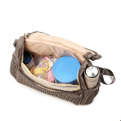 Front view of a gray waterproof mommy backpack with insulated baby bottle bags