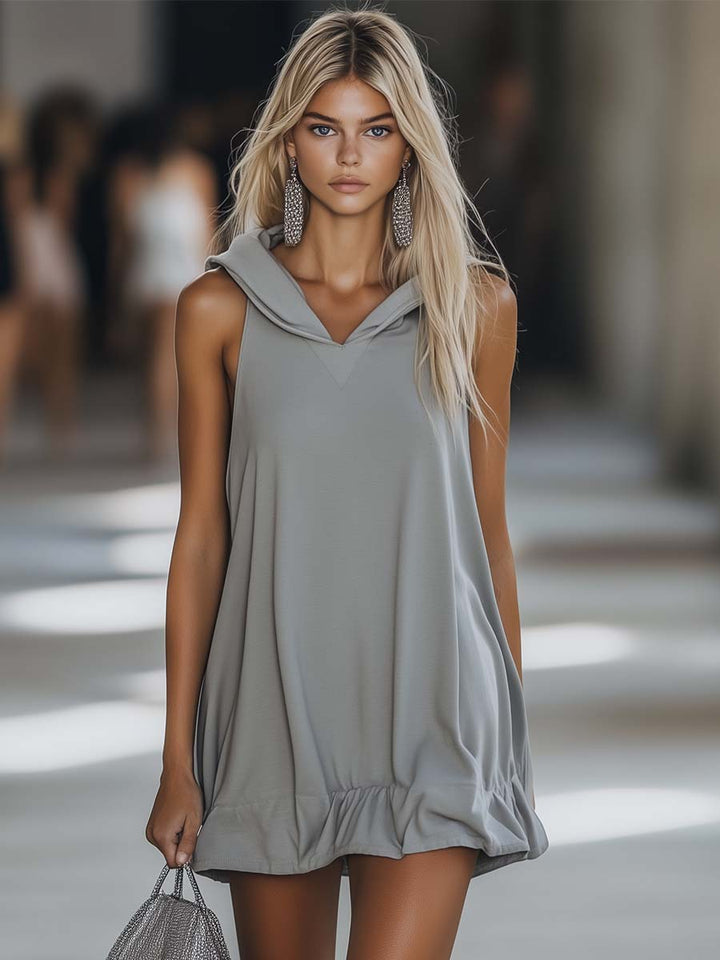 Gray women's sleeveless hooded swing mini dress with a playful ruffle hem, perfect for casual summer wear.