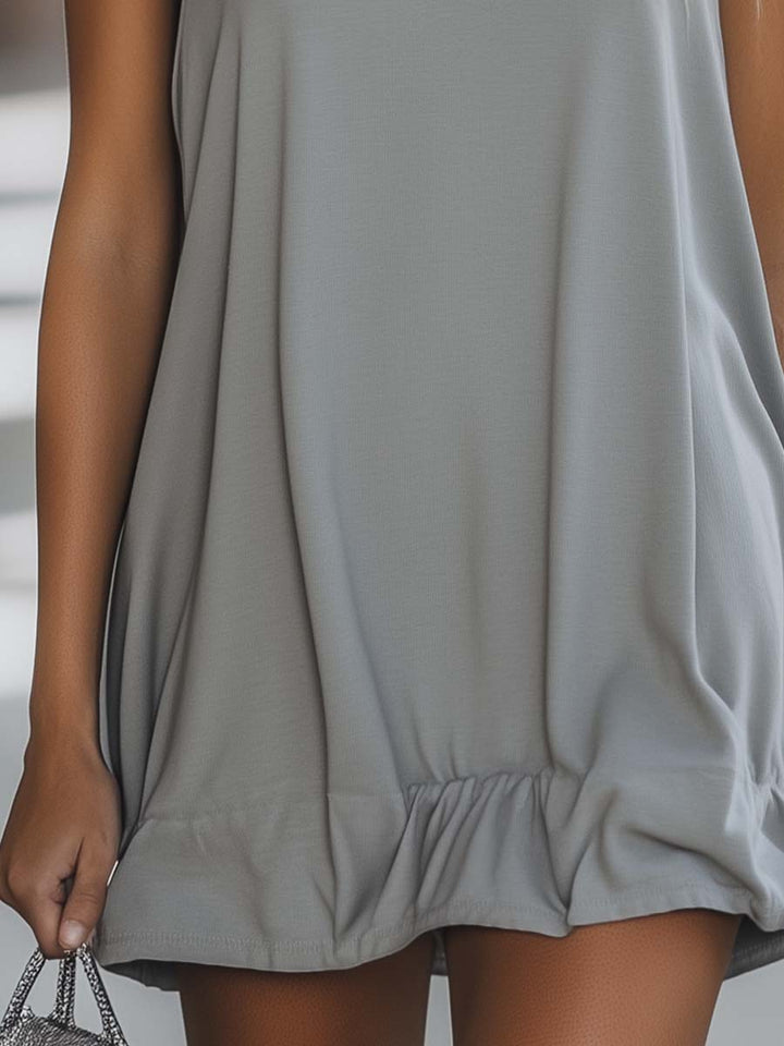 Trendy gray women's sleeveless hooded swing dress with ruffle hem, ideal casual fashion for summer.