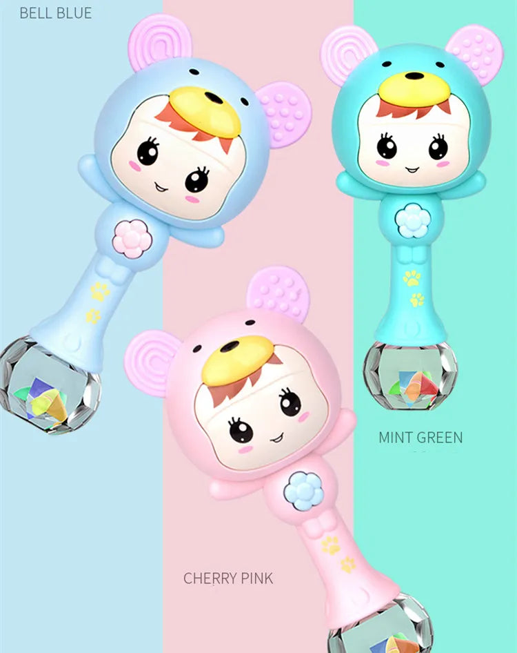 Close-up of a baby sensory LED light & sound rattle toy in vibrant green