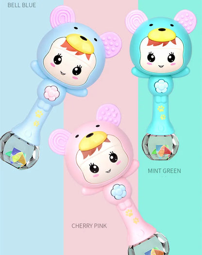 Close-up of a baby sensory LED light & sound rattle toy in vibrant green