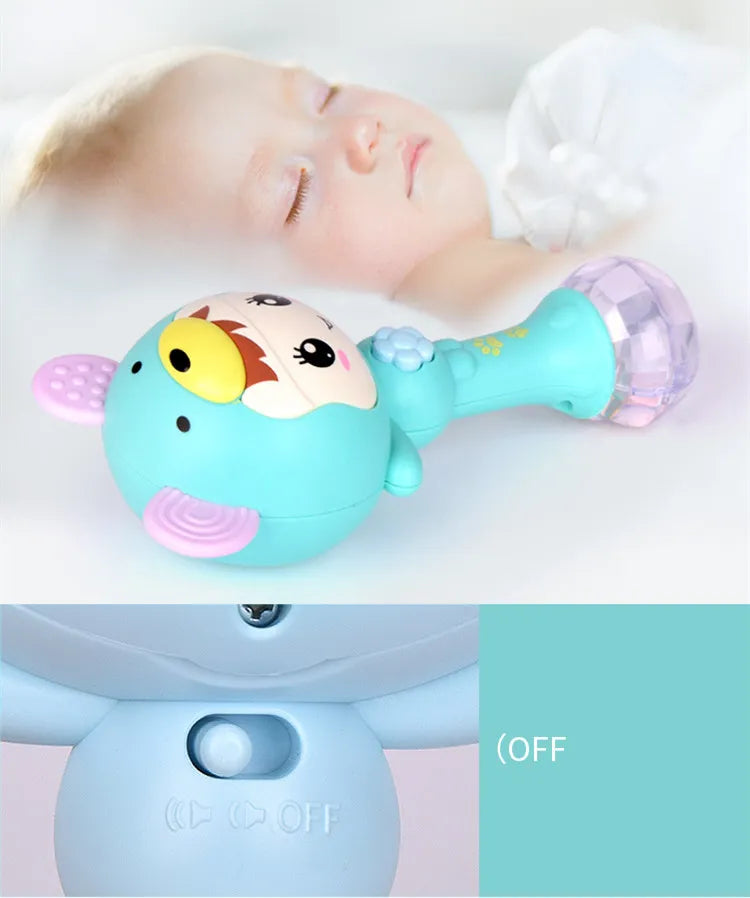 Baby holding a blue LED light & sound rattle, an engaging infant development toy