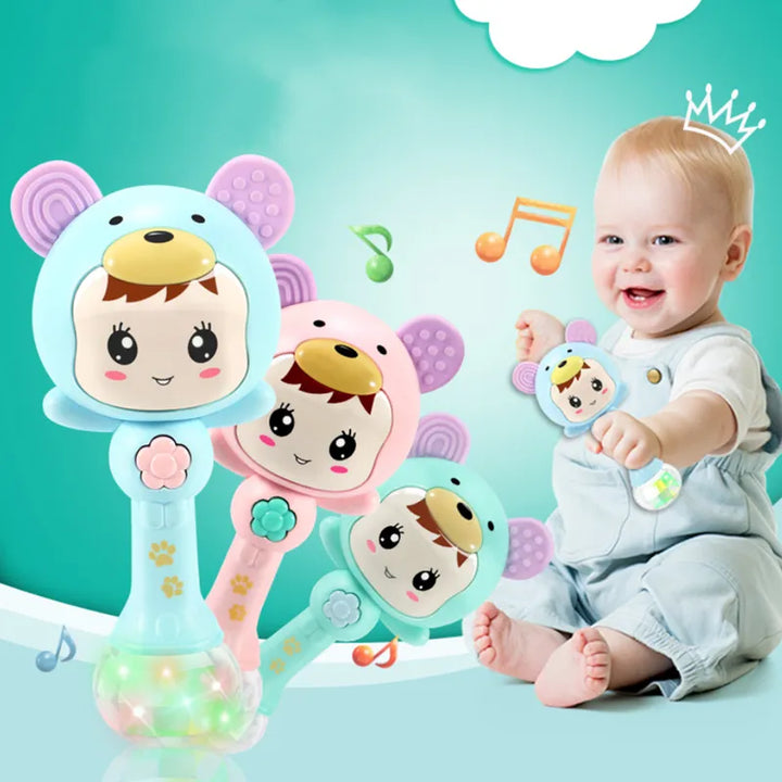 Detailed view of the LED light features on a baby sensory sound rattle toy