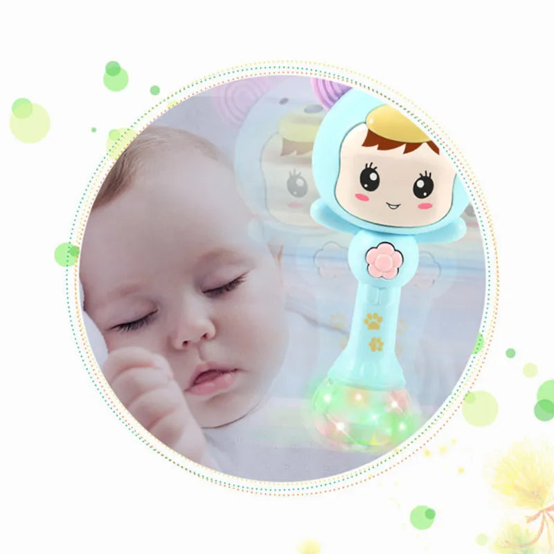 Blue baby sensory toy, an LED light & sound rattle for auditory stimulation