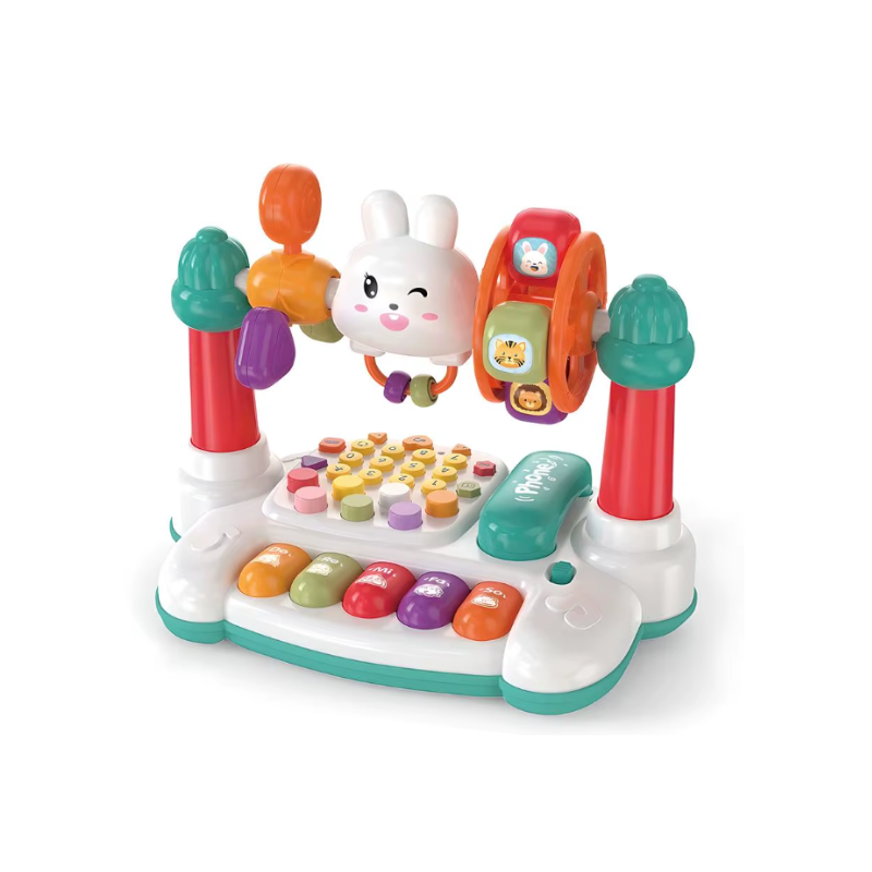 Child playing with sensory musical learning phone toy, pretend play.