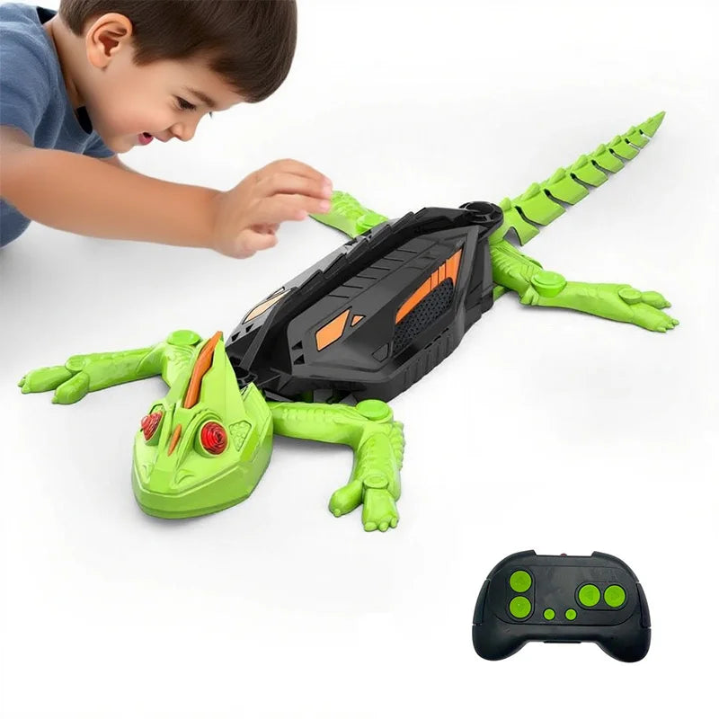 Green chameleon robot toy climbing a white wall, showcasing suction and movement for kids' interactive fun.