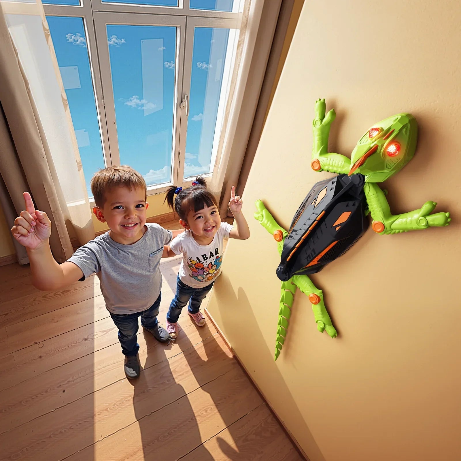 Orange wall climbing chameleon robot toy navigating a smooth surface, a rechargeable gadget for children.