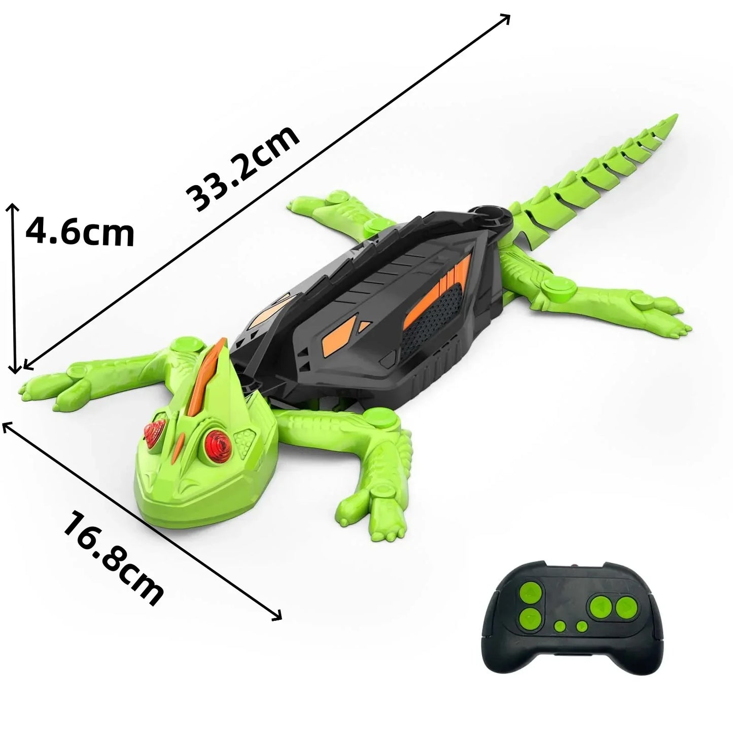 Kids' wall climbing chameleon robot toy in green, extended on a window glass, demonstrating its versatile movement.