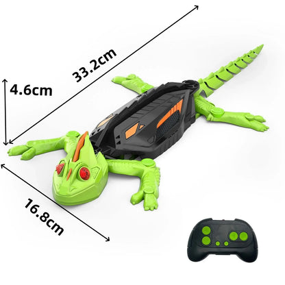 Kids' wall climbing chameleon robot toy in green, extended on a window glass, demonstrating its versatile movement.