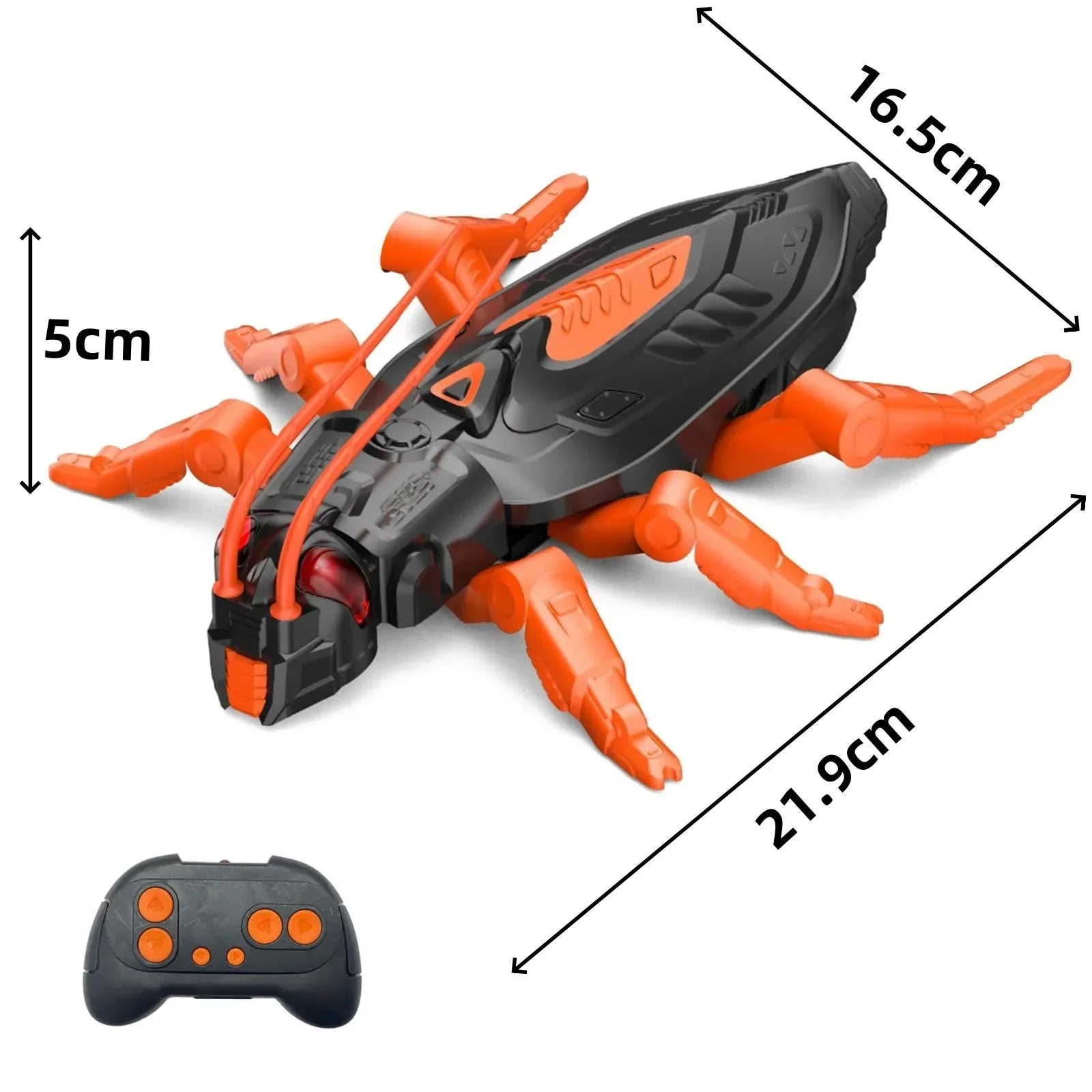 An interactive chameleon robot toy, in a vibrant orange, paused on a wall, ready for children's games.