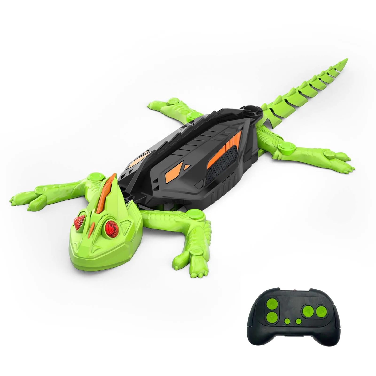 Wall climbing chameleon robot toy, green and orange, displayed together as fun, interactive gadgets for kids.