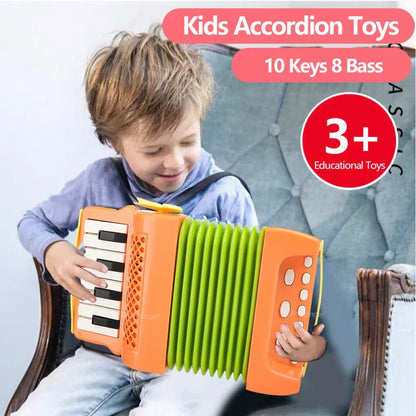 Close-up of a green children's accordion, a beginner musical toy for young kids