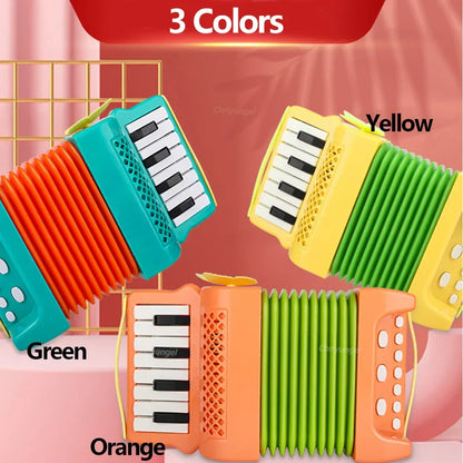 Toddler playing with a colorful green, orange, and yellow accordion, developing musical skills