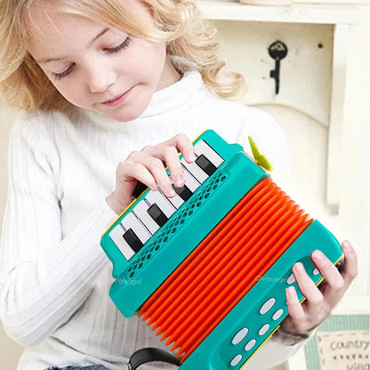 Educational children's accordion toy in green, promoting hand-eye coordination and rhythm