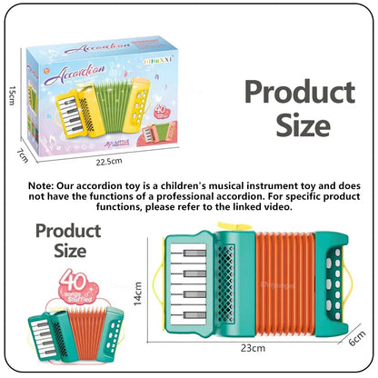 Musical instrument for kids: a beginner accordion in bright green, orange, and yellow
