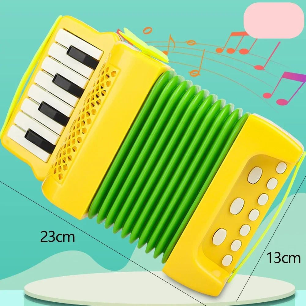 Little hands holding a green kids accordion, an engaging and educational musical toy