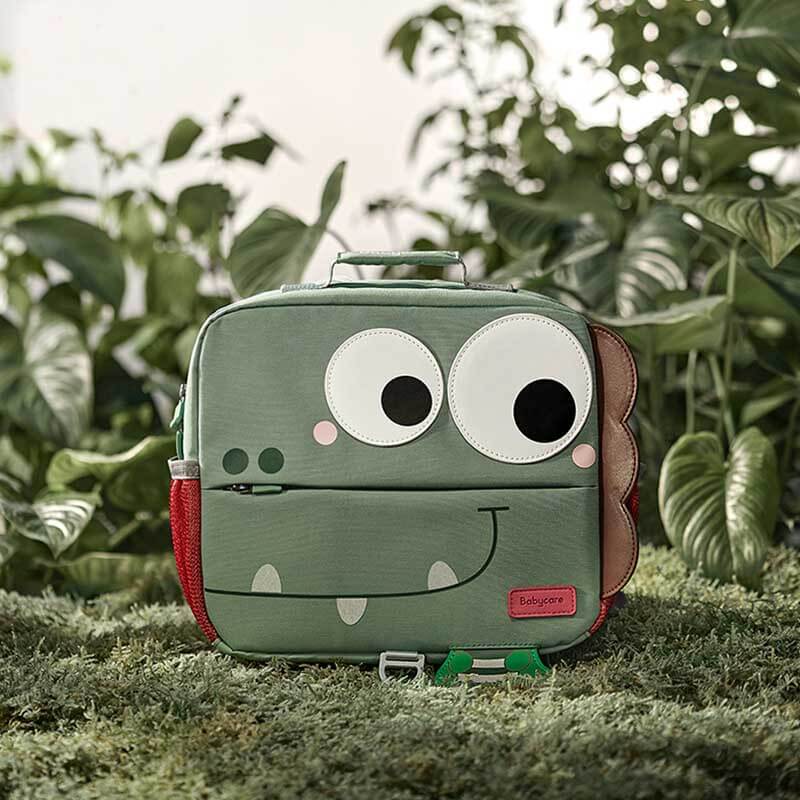Close-up of durable canvas material on a children's school backpack, bright green