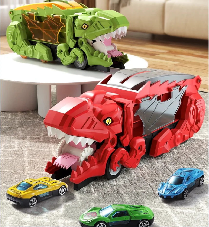 Green dino toy car with storage for mini vehicles, perfect for creative kids play