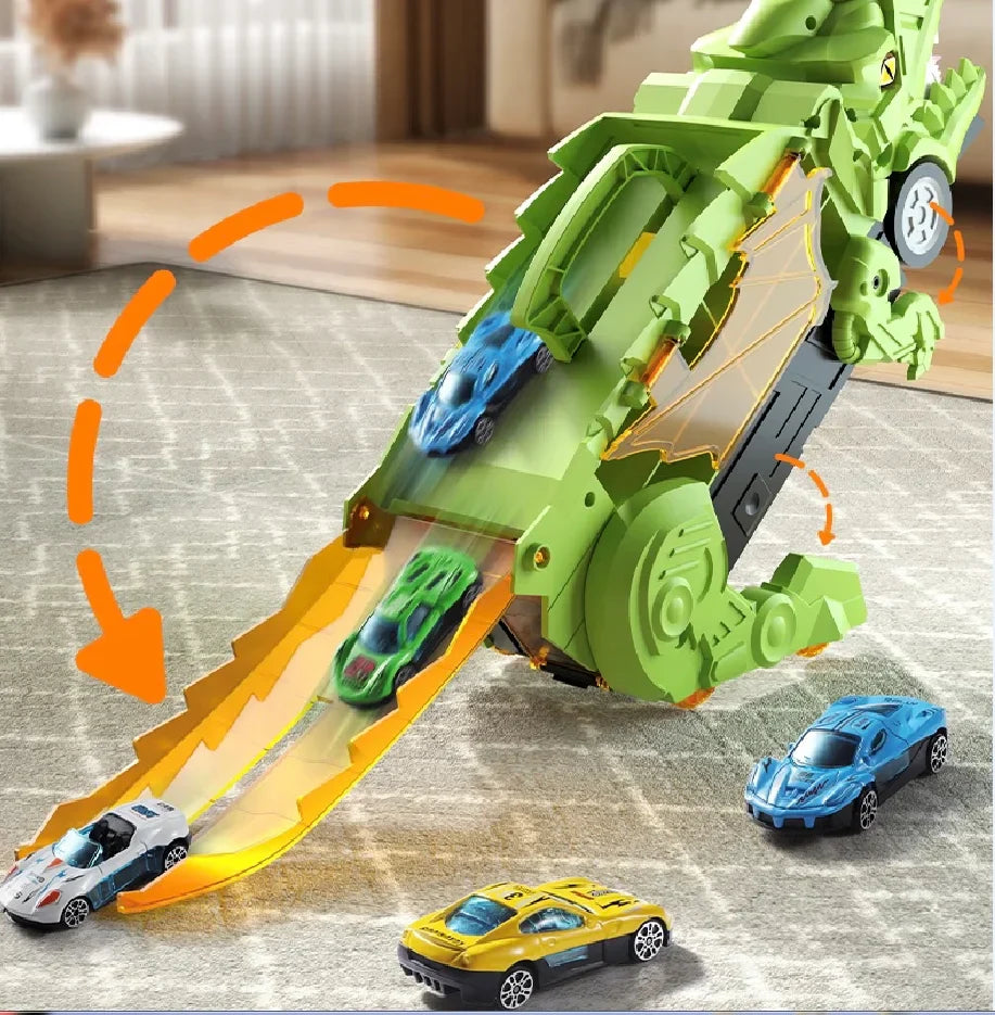 Kids' dinosaur toy car featuring built-in storage for tiny toy vehicles, boys & girls