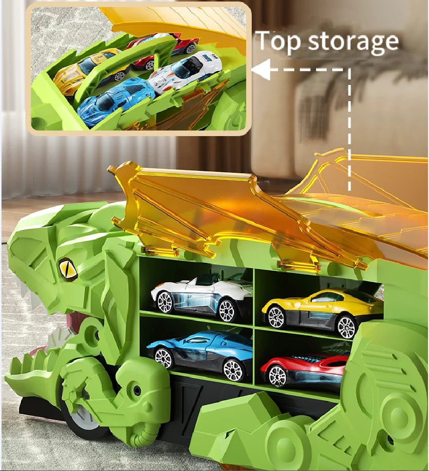 Dino-themed toy car with ample storage for mini toys, encouraging imaginative kids play