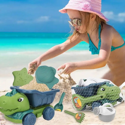 Green dinosaur beach toy truck for kids, perfect for sand and outdoor play, promoting creative learning.