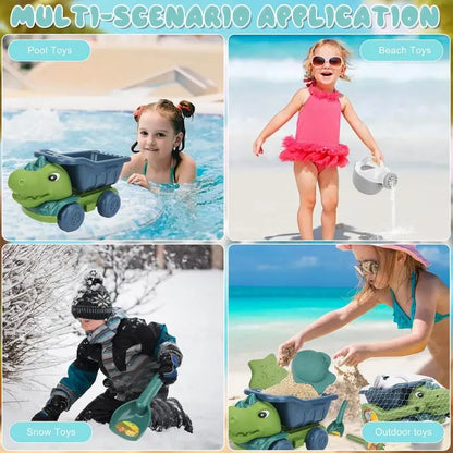 Toddler-friendly dinosaur sand truck in vibrant colors, ideal for beach, garden, and outdoor children's play.