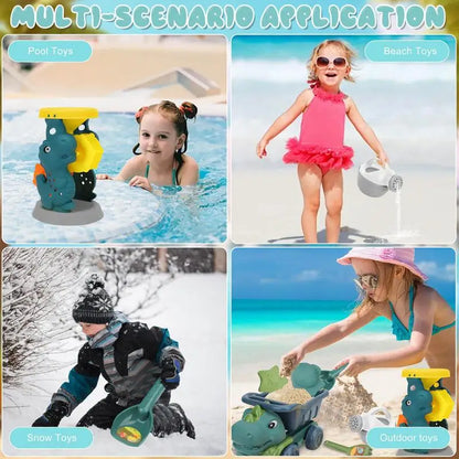 Kids' dinosaur toy truck filled with sand, showcasing its use as an outdoor and beach play accessory.