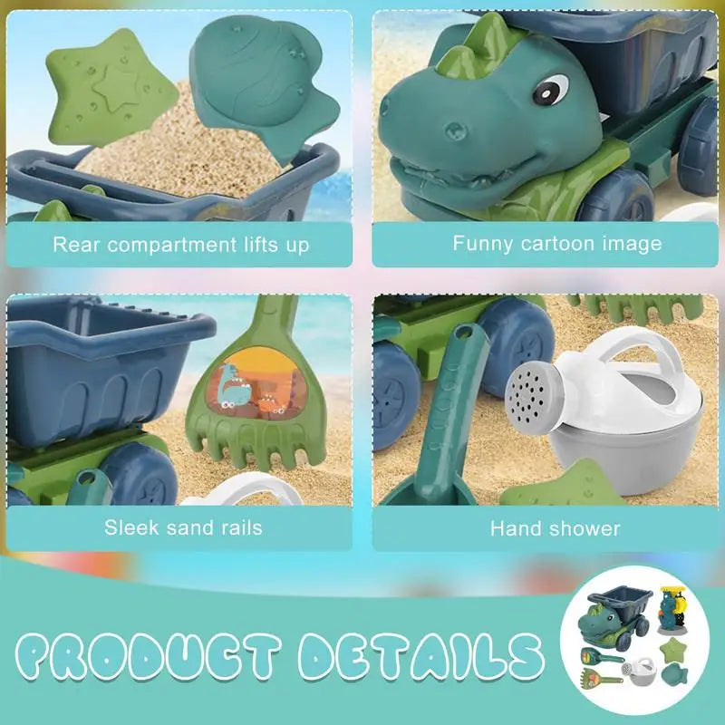 Children playing with a green dinosaur beach and sand toy truck on a sunny outdoor adventure.