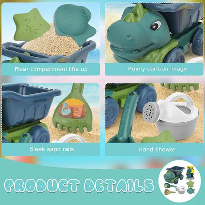 Children playing with a green dinosaur beach and sand toy truck on a sunny outdoor adventure.