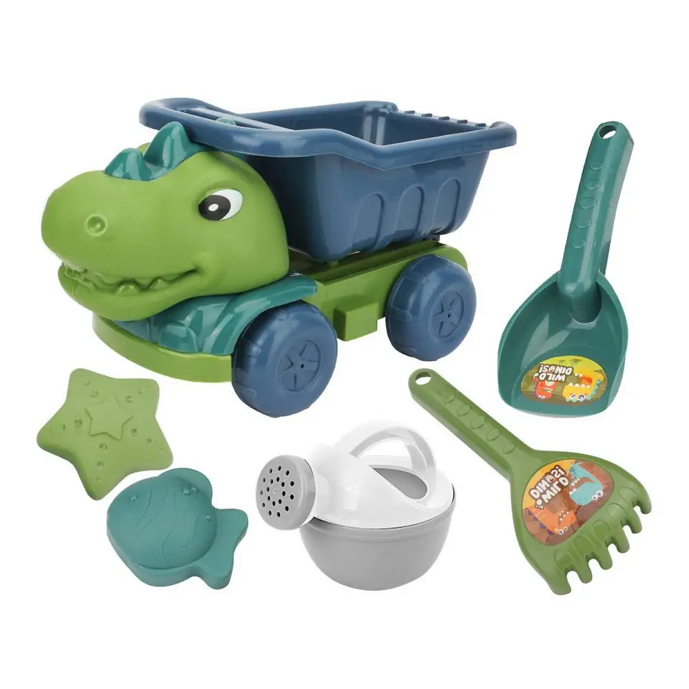 Collection of colorful dinosaur beach toy trucks, promoting creative and educational outdoor play for children.