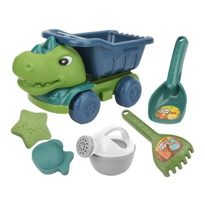 Collection of colorful dinosaur beach toy trucks, promoting creative and educational outdoor play for children.