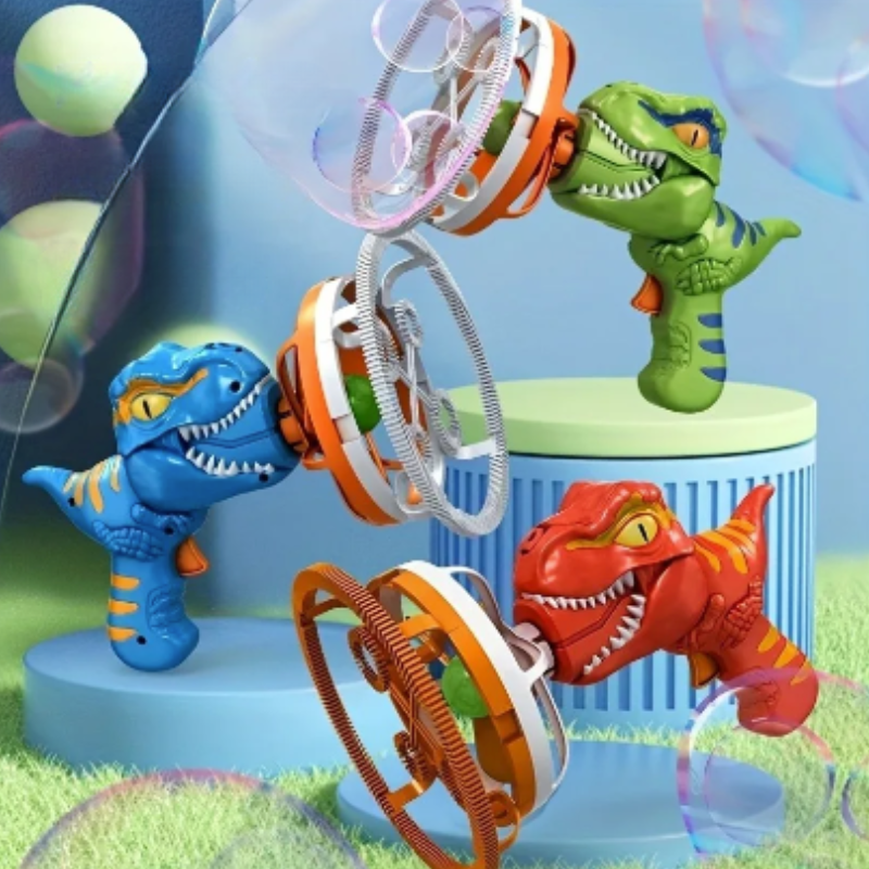 Green dinosaur bubble blaster toy for kids, generating streams of bubbles during outdoor play.