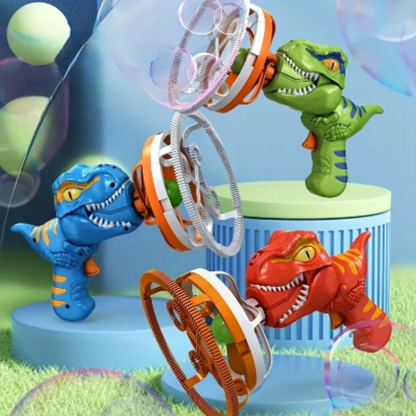 Green dinosaur bubble blaster toy for kids, generating streams of bubbles during outdoor play.