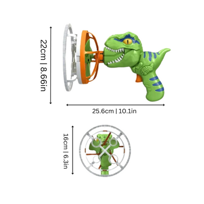 Child happily playing with a dinosaur-shaped bubble blaster, perfect for outdoor fun and parties.
